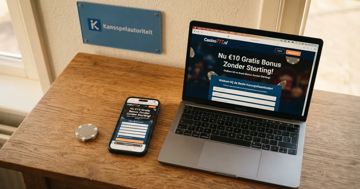 Een smartphone en laptop tonen een Nederlands online casino-registratiescherm met een no-deposit bonusaanbod, met op de achtergrond het logo van de Kansspelautoriteit