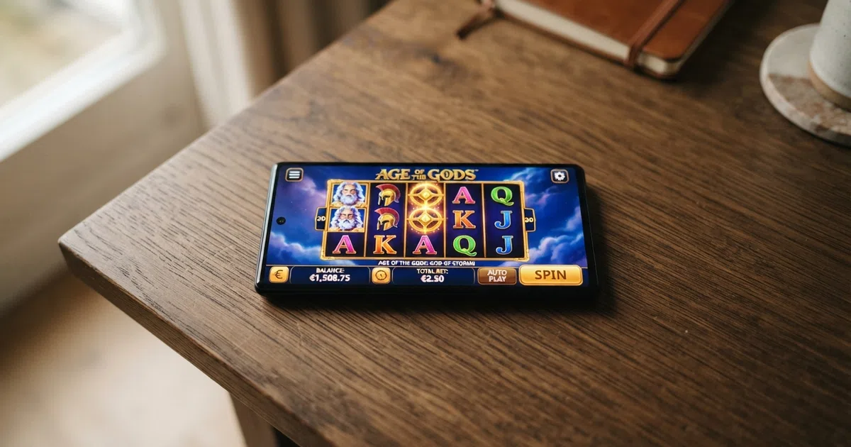 Een online casino-startpagina met een stortingsknop die €20 toont, naast een doorgestreept Cruks-logo