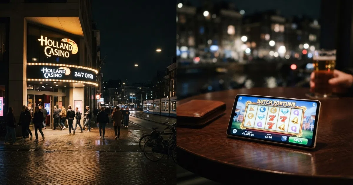 Een collage van een verlichte Holland Casino-entree 's nachts naast een smartphone met een Nederlands online casino op het scherm