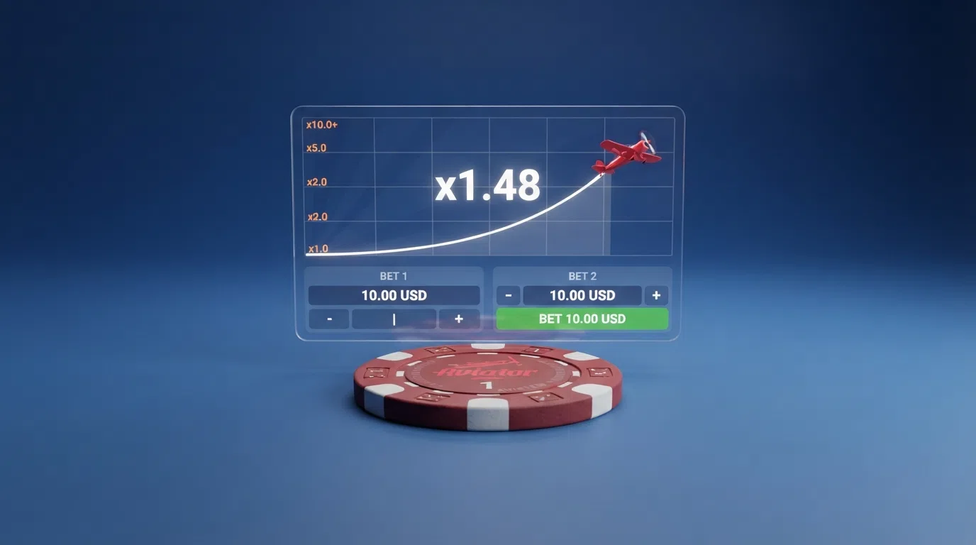 Schematische weergave van de Aviator-spelinterface met de twee inzetvelden, de auto-cashout-instelling en de live multiplier-grafiek