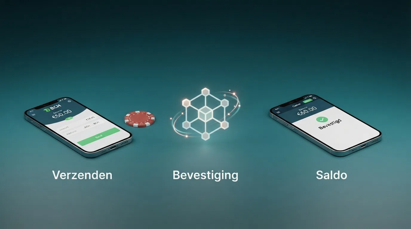 Drie stappen van een BCH-transactie: een wallet die BCH verzendt, een blockchain-bevestigingssymbool, en een casino-saldo dat wordt bijgeschreven