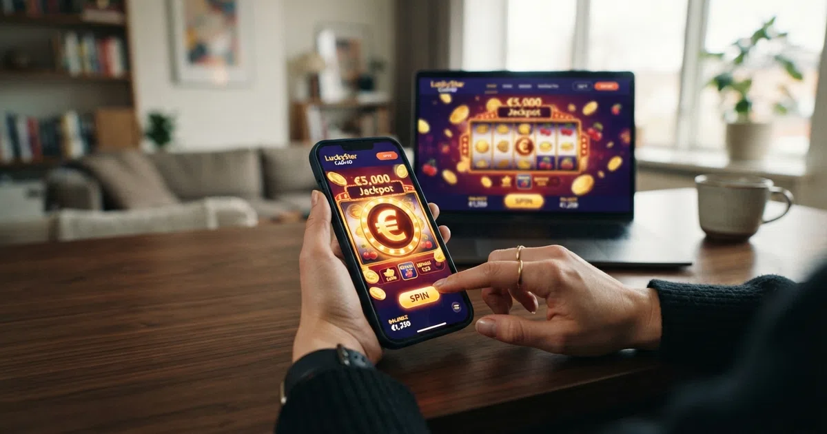 Een online casino-interface met bitcoin-logo en crypto-wallet-opties in beeld, naast een smartphone met dezelfde site