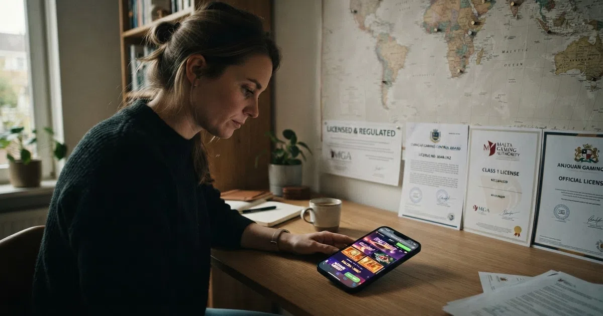 Een Nederlandse speler kijkt naar een smartphone met een buitenlands casino op het scherm, met op de achtergrond een wereldkaart en vergunningsdocumenten