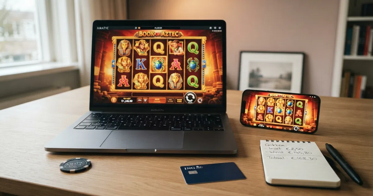 Overzicht van legale Nederlandse online casino's met Amatic-gokkasten op een laptop- en telefoonscherm