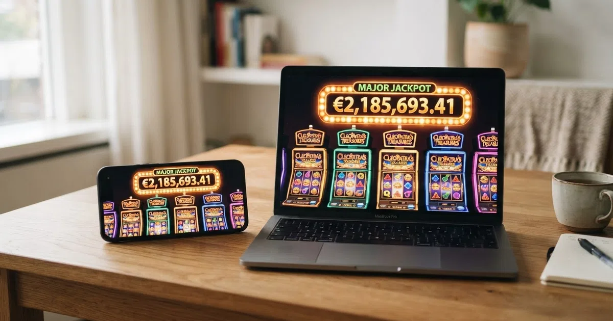 Een rij kleurrijke jackpot gokkasten op het scherm van een laptop en mobiel, met een progressieve jackpot-teller die boven de slots zweeft