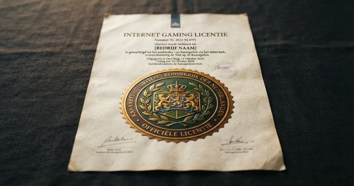 Een vergunningcertificaat van de Anjouan Gaming Authority op een donkere achtergrond met het wapen van de Comoren