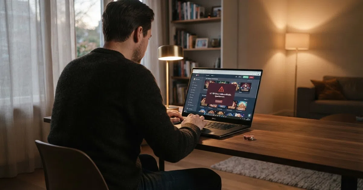 Een Nederlandse speler kijkt naar een laptopscherm met daarop een online casino-interface, met daarnaast een rood waarschuwingsicoon dat het ontbreken van Cruks-controle markeert