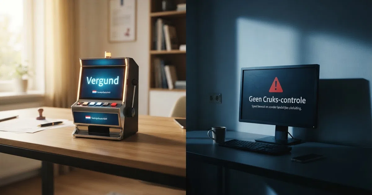 Een splitscreen: links het KSA-logo en een slot met het woord “Vergund” op het scherm, rechts een computerscherm met een rood waarschuwingsteken en de tekst “Geen Cruks-controle”