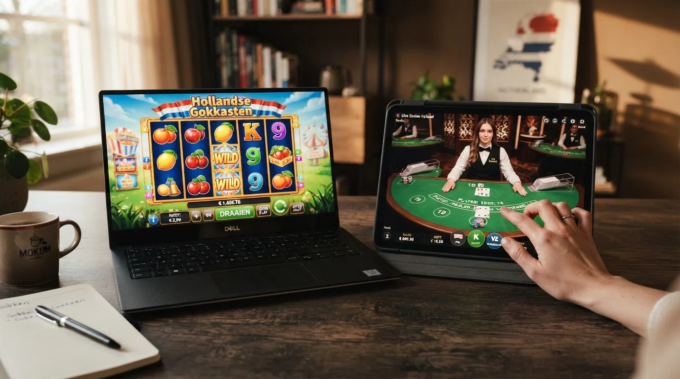 Een scherm met kleurrijke gokkast-tegels en een live-dealer blackjack-tafel in split-screen
