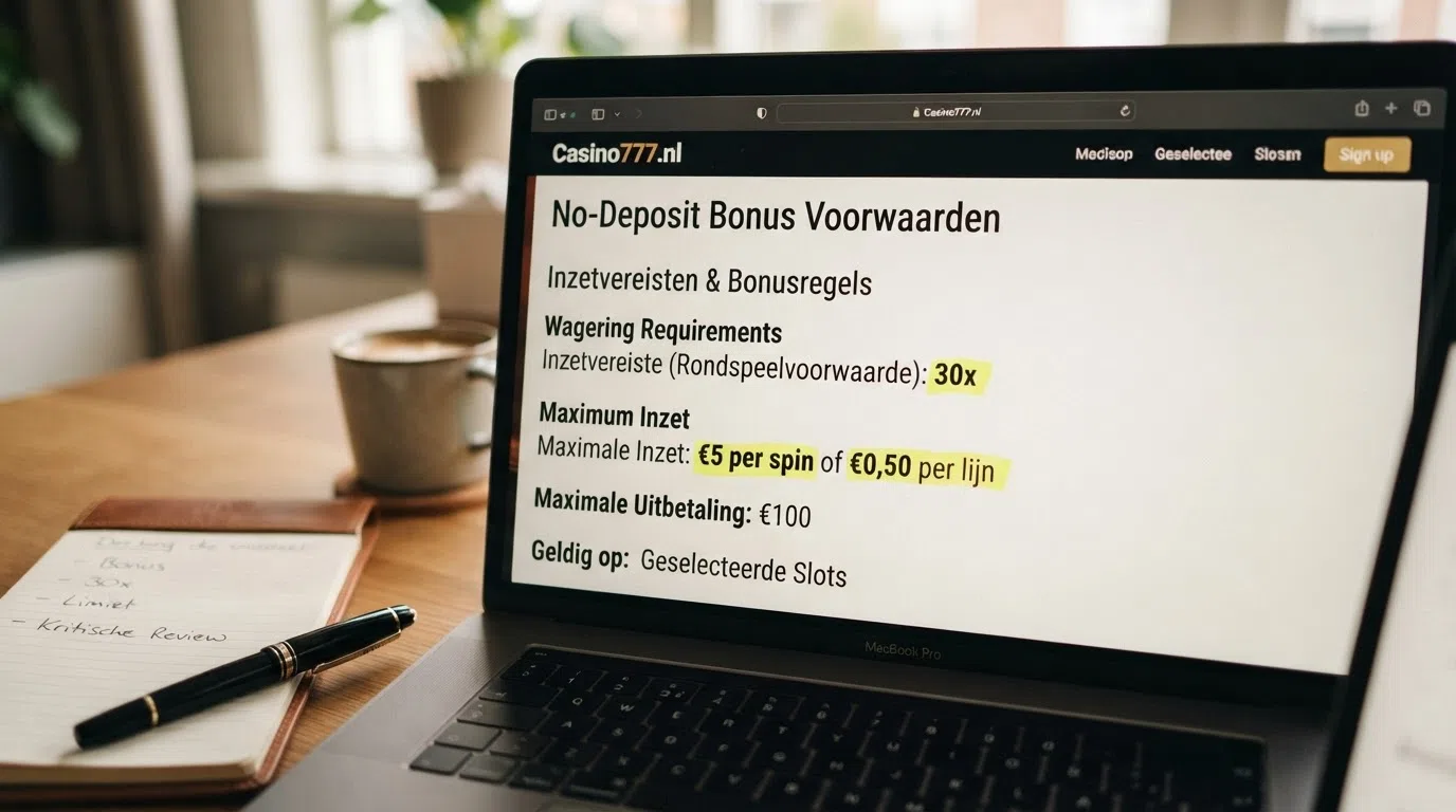 Een close-up van bonusvoorwaarden op een Nederlandse casinopagina, met markering bij de inzetvereiste en de maximale inzet per spin.