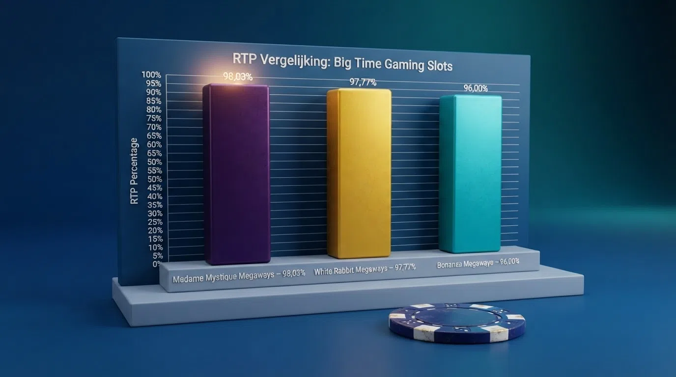 Een grafische weergave van de RTP-percentages van de besproken BTG-slots, met Bonanza, Extra Chilli en Madame Mystique uitgelicht