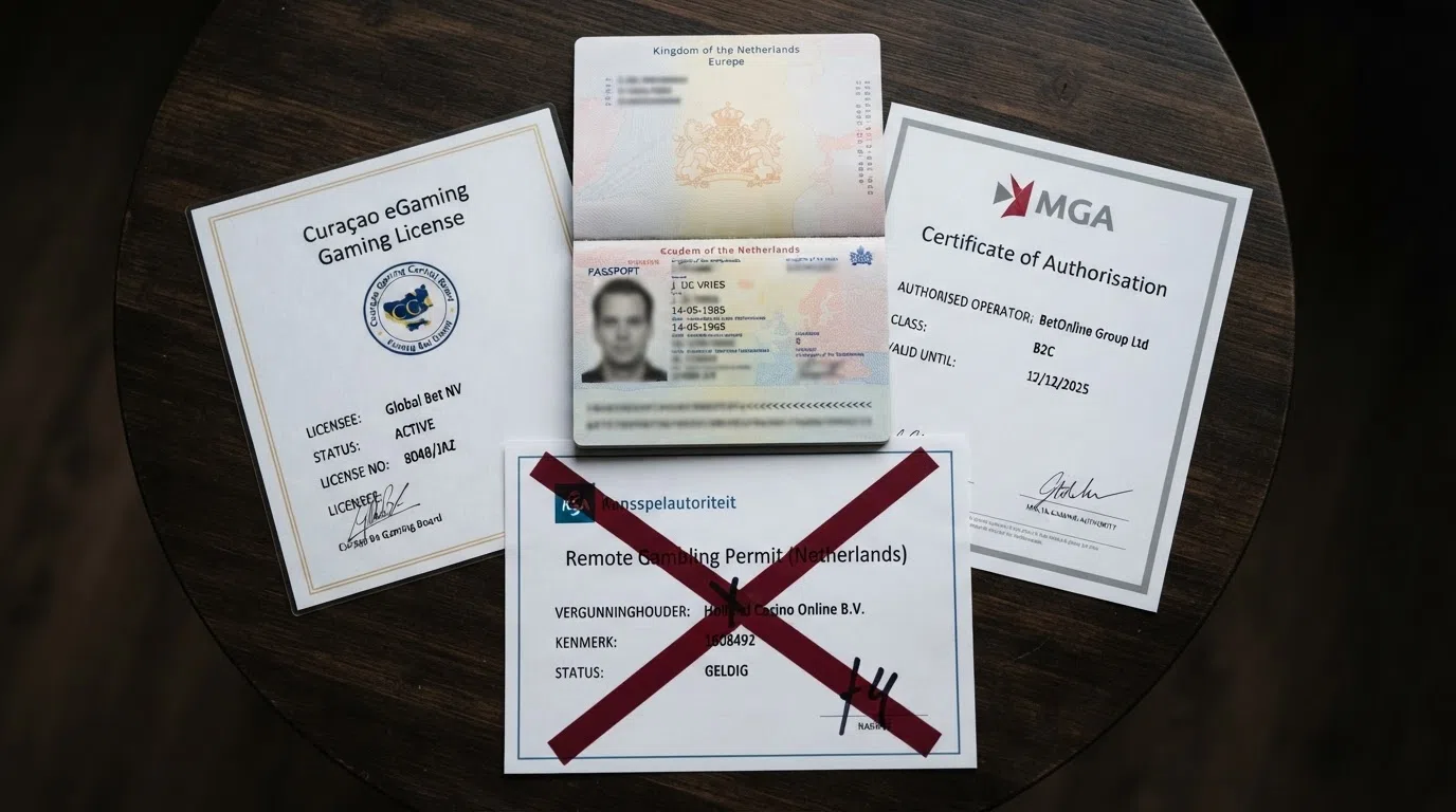 Een rij paspoorten en documenten — een Nederlands paspoort naast een Curaçaose licentie, een MGA-certificaat en een KSA-vergunning — met een rood kruis door de KSA-variant voor offshore aanbieders.