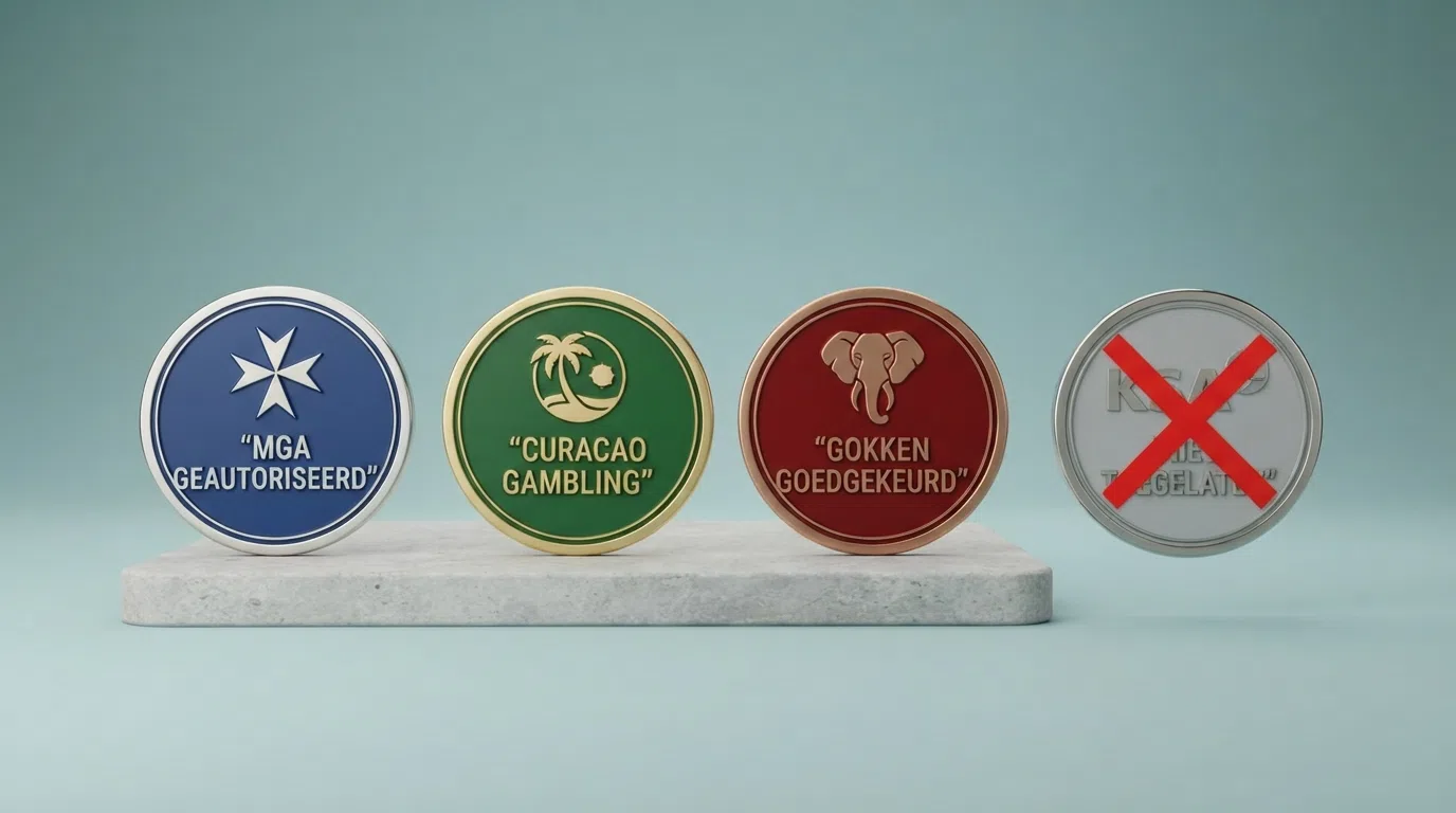 Een overzicht van drie casino-licentiebadges: MGA, Curaçao Gaming Control Board en Anjouan — naast het KSA-logo met een rood kruis.