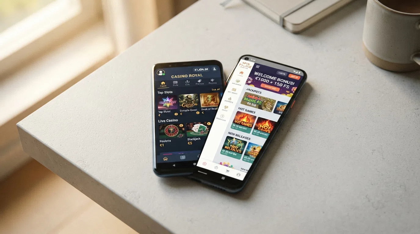 Een split-screen weergave van twee casino-apps op dezelfde Android-telefoon, met zichtbare verschillen in menu-opbouw en spelaanbod