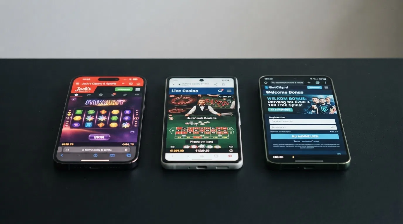 Drie smartphones naast elkaar met elk een andere Nederlandse casino app geopend, verschillen in interface zichtbaar
