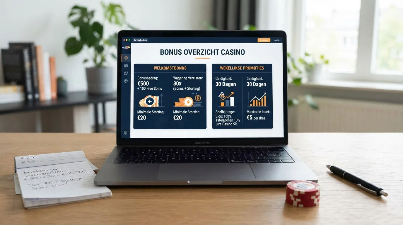 Een overzichtelijke vergelijkingstabel met meerdere casino's, hun bonusbedragen en inzetvereisten naast elkaar.
