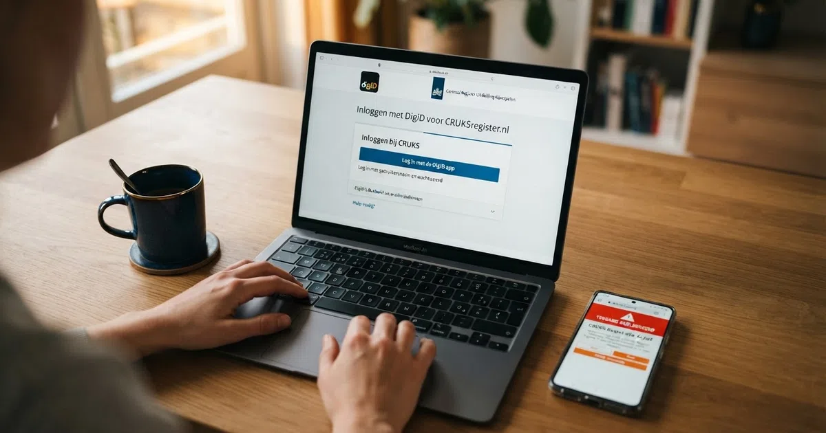 Een schermweergave van de CRUKS-registratiepagina met het DigiD-inlogscherm op een laptop, met daarnaast een smartphone die een melding toont van een geblokkeerde toegang tot een online casino
