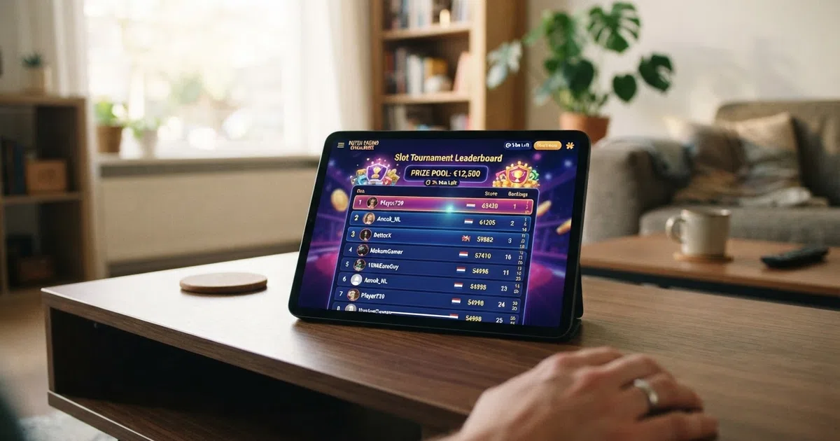 Een online casino-interface met een toernooi-klassement, een prijzenpot bovenaan en spelersnamen met puntenscores in een ranglijst