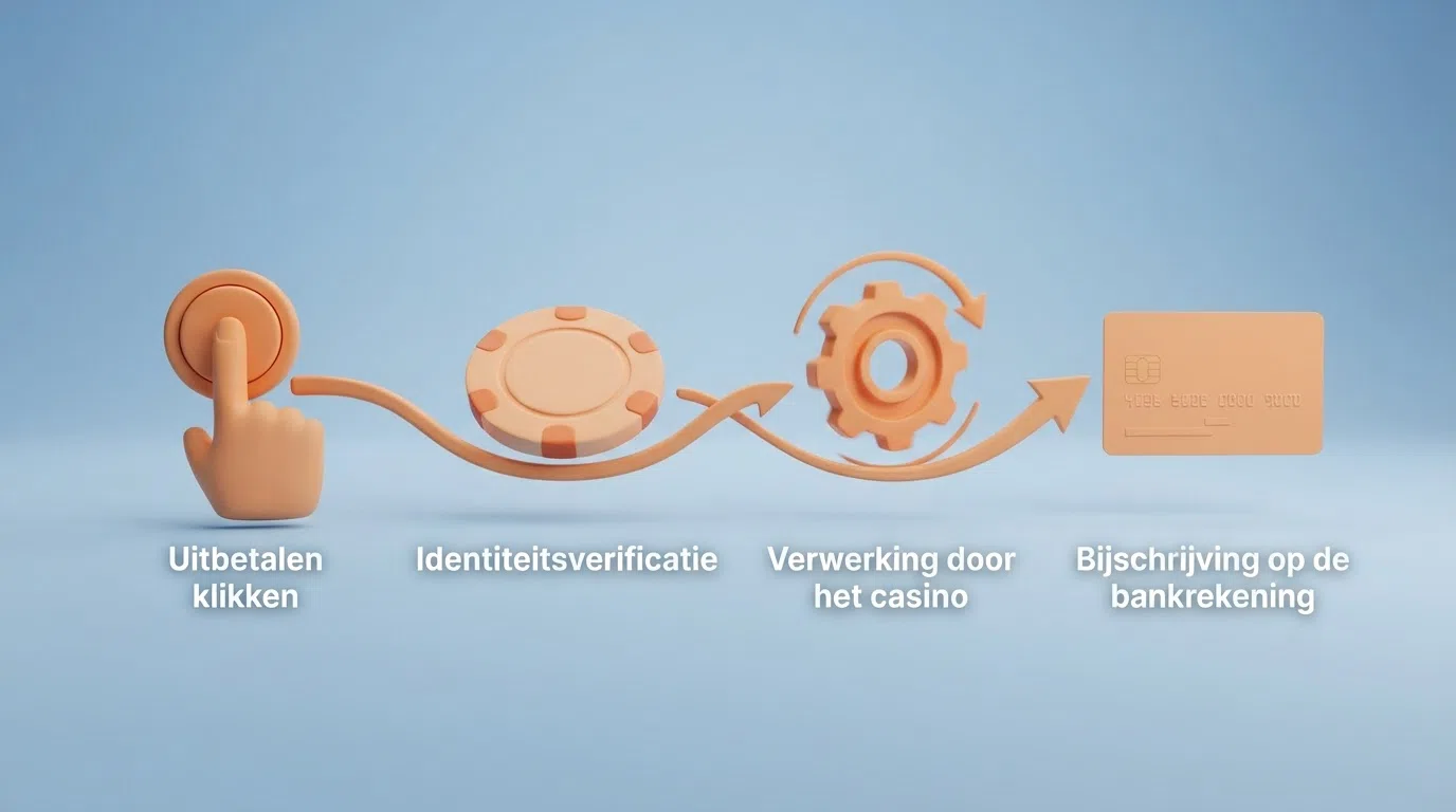 Een tijdlijn die de vier fasen van een casino-uitbetaling laat zien: 'uitbetalen' klikken, identiteitsverificatie, verwerking door het casino, en bijschrijving op de bankrekening.