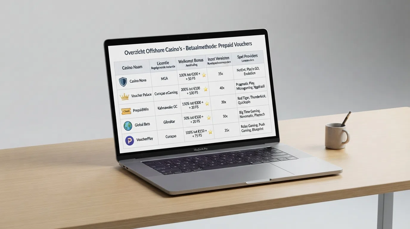 Een overzichtelijke vergelijking van de beste paysafecard-casino's zonder Cruks-registratie op een laptopschema