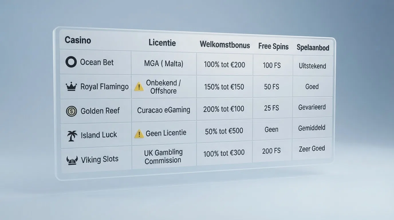 Een overzichtelijke vergelijkingstabel met casino-namen, vergunningstypen, bonusbedragen en free-spins-aantallen, waarbij meerdere regels een waarschuwingsmarkering dragen voor ontbrekende of onbevestigde vergunningen