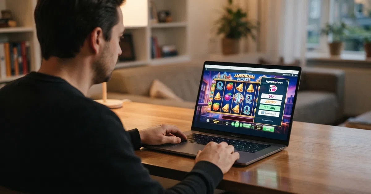 Een Nederlandse speler bekijkt een online casino-interface op een laptop, met een slot-spel en een betaalopties-menu zichtbaar op het scherm