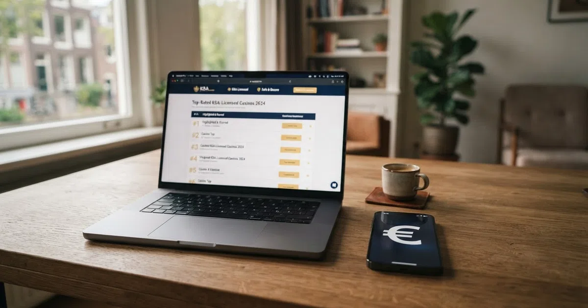 Een laptopscherm met een lijst van online casino's gerangschikt op uitbetalingssnelheid, met een smartphone ernaast die een bevestigde bankoverschrijving toont.