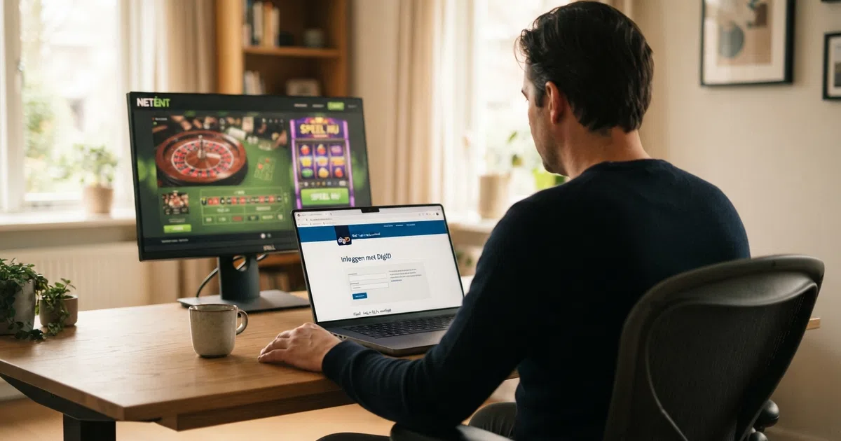 Een Nederlandse speler voor een scherm met een DigiD-inlogpagina op de voorgrond, terwijl op de achtergrond een casino-interface zichtbaar is