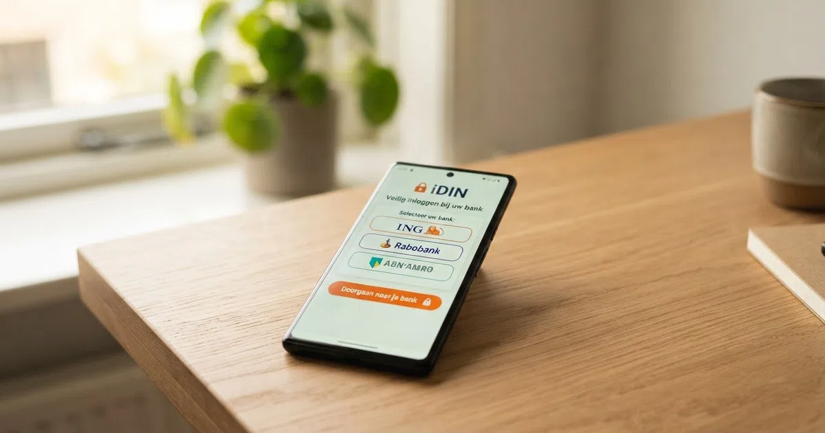 Een smartphone toont het iDIN-identificatiescherm met de logo's van drie Nederlandse grootbanken, de knop “Doorgaan naar je bank” en een slot-icoon dat een beveiligde verbinding aangeeft
