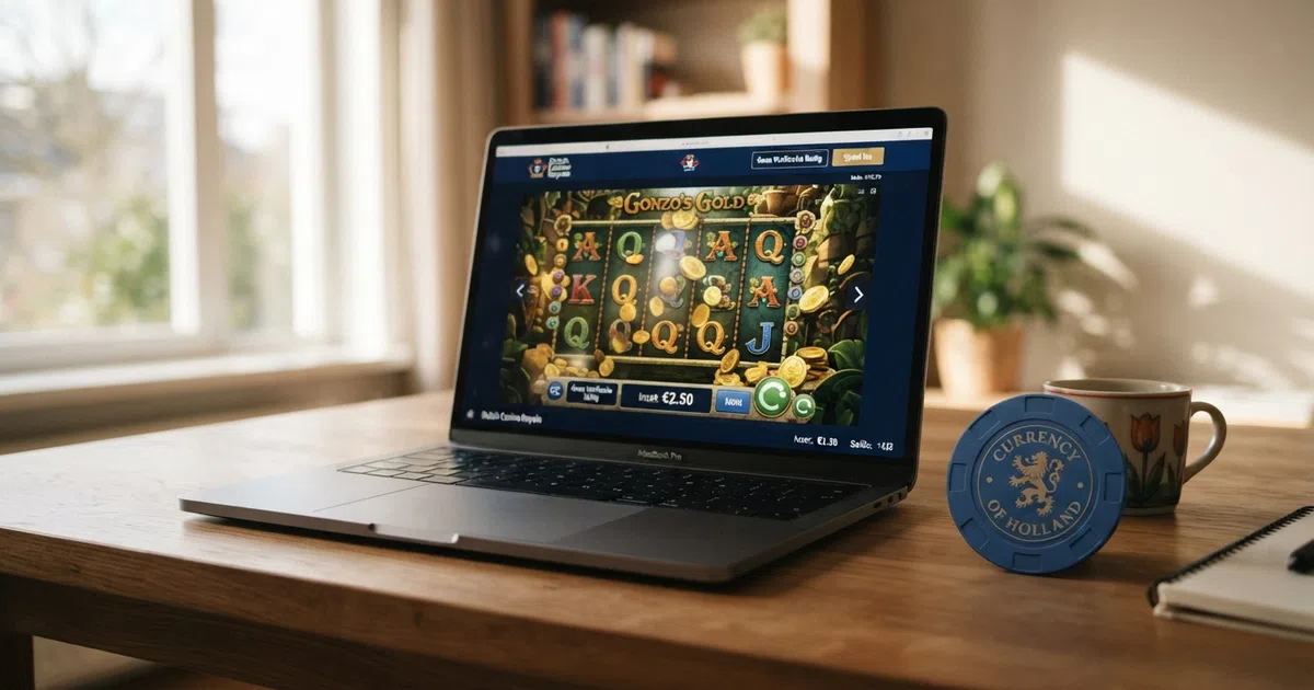 Een laptop met een online casino-interface op het scherm, met daarnaast een Nederlandse identiteitskaart — het beeld vat de kernspanning van de pagina samen