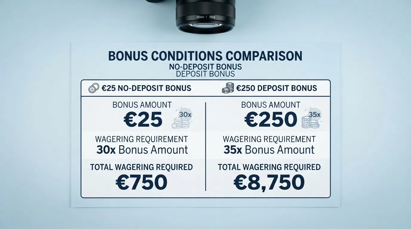 Een overzichtelijke vergelijking van bonusbedragen tegenover rondspeelvoorwaarden — een €25 no-deposit bonus met 30x naast een €250 stortingsbonus met 35x, met het verschil in vrij te spelen bedrag visueel uitgelicht