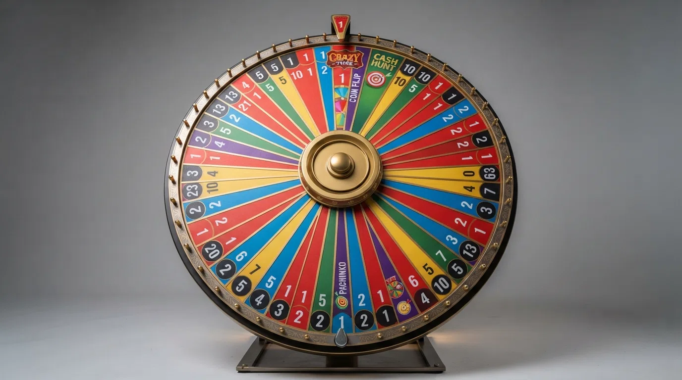 Close-up van het Crazy Time rad met de 54 gekleurde segmenten — de genummerde vakken 1, 2, 5 en 10 en de vier bonusvelden Coin Flip, Cash Hunt, Pachinko en Crazy Time duidelijk zichtbaar