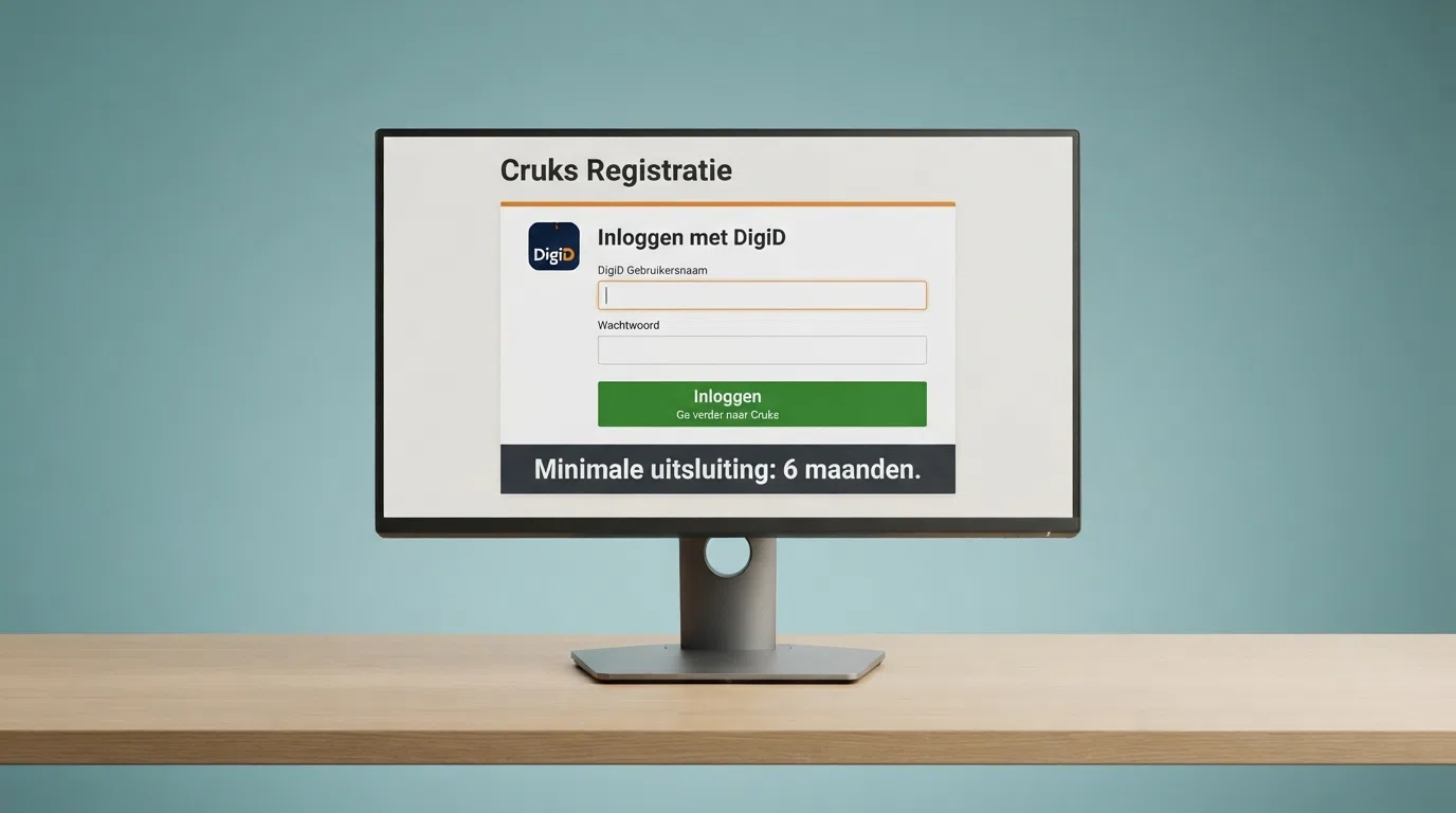 Een informatieve weergave van het Cruks-inschrijfscherm met DigiD-inlogvenster en de tekst “minimale uitsluiting 6 maanden”