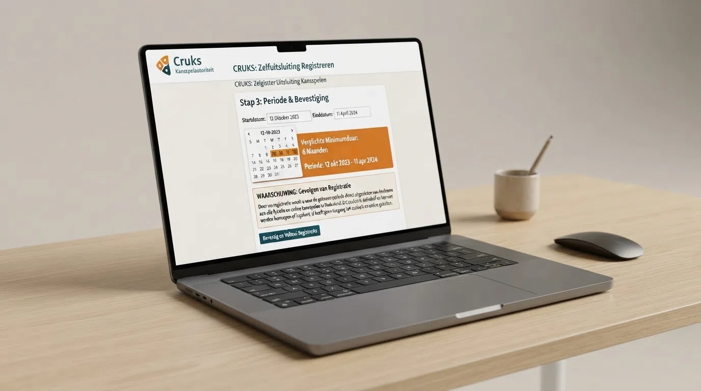 Het registratiescherm van het Cruks-register met de opties voor vrijwillige uitsluiting, een kalender die de minimale periode van zes maanden toont en een waarschuwingstekst over de gevolgen