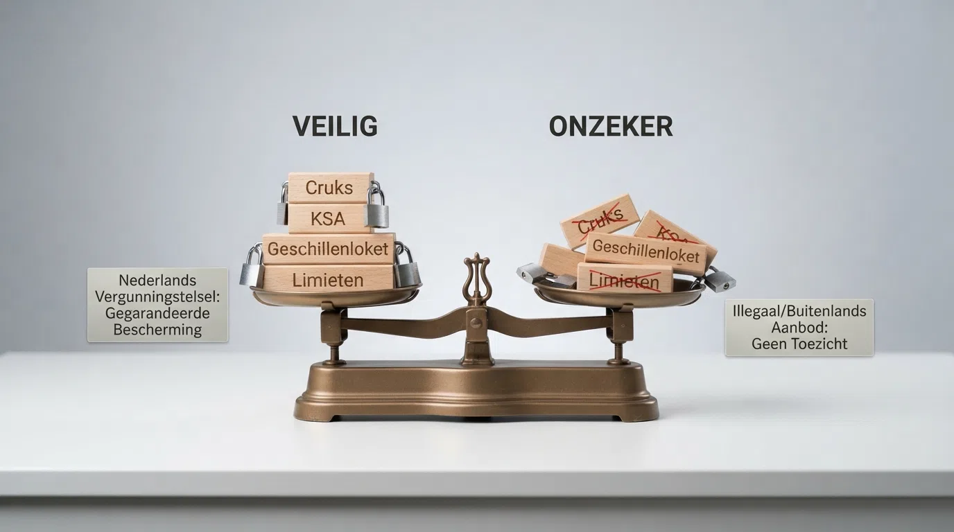 Een balans-weegschaal: links een kolom met de woorden “Cruks”, “KSA”, “Geschillenloket” en “Limieten” onder elkaar met slotjes ernaast, rechts dezelfde begrippen doorgestreept met een rood kruis