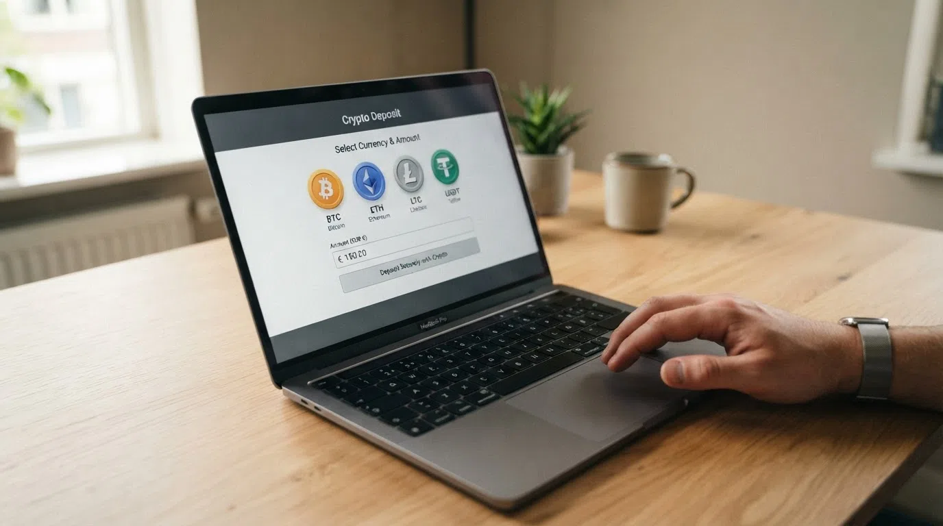 Een selectiescherm met cryptocurrency-opties — Bitcoin, Ethereum, Solana — als stortingsmethode in een casino-interface