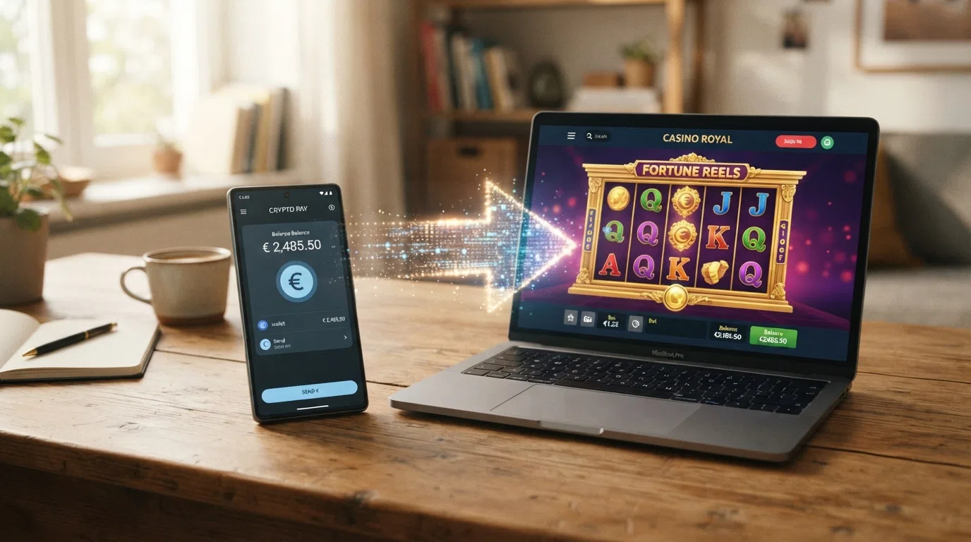 Een smartphone met een crypto wallet-app naast een laptop met casino-interface, verbonden door een visuele pijl die de directe storting zonder tussenpersoon symboliseert