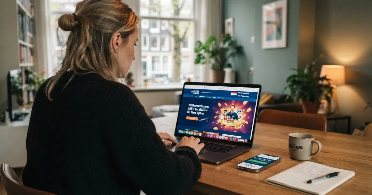 Een Nederlandse speler bekijkt op een laptop een vergelijking van exclusieve casino bonussen met KSA-keurmerk, naast een smartphone met het Kansspelwijzer-register