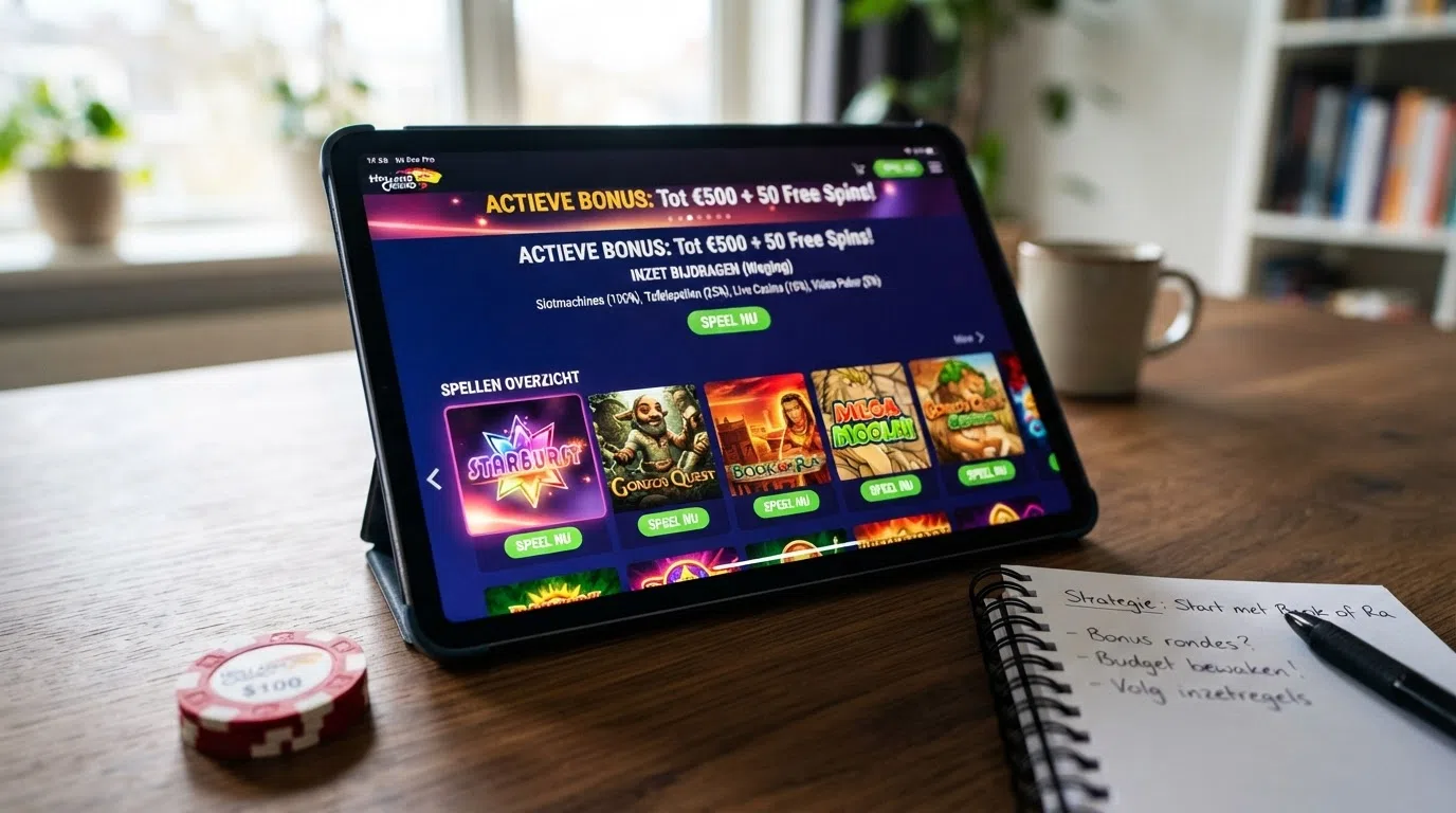 Een rij kleurrijke online gokkasten op een beeldscherm, met een banner die aangeeft dat een bonus actief is en een percentage-weging naast elk speltype.