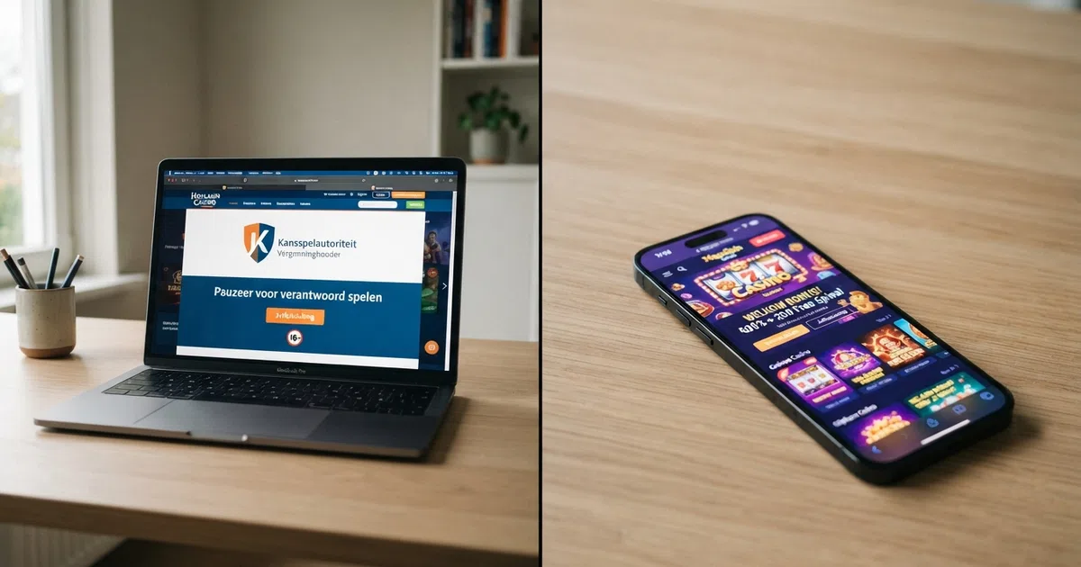 Een verdeeld scherm: links een laptop met een helder KSA-keurmerk en een slot dat pauzeert op een verantwoord-spelen-melding, rechts een anonieme telefoon met een casino-interface zonder waarschuwingen.