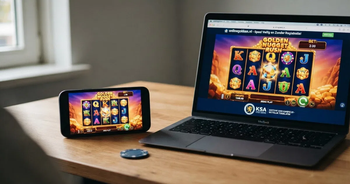 Een smartphone en laptop met daarop Nederlandse online casino-spellen in demo-modus, naast het KSA-keurmerk