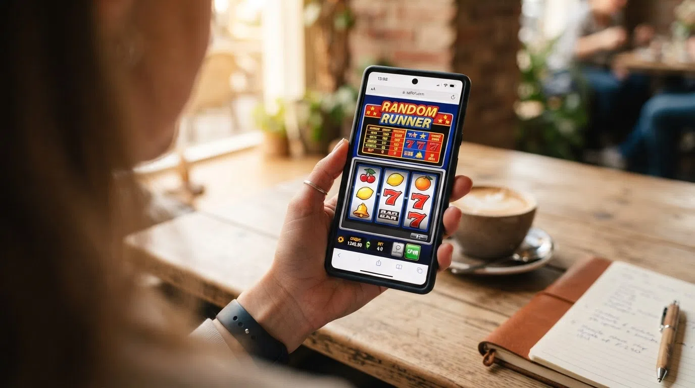 Een smartphone in verticale stand met daarop een Greentube-fruitautomaat in de mobiele browser
