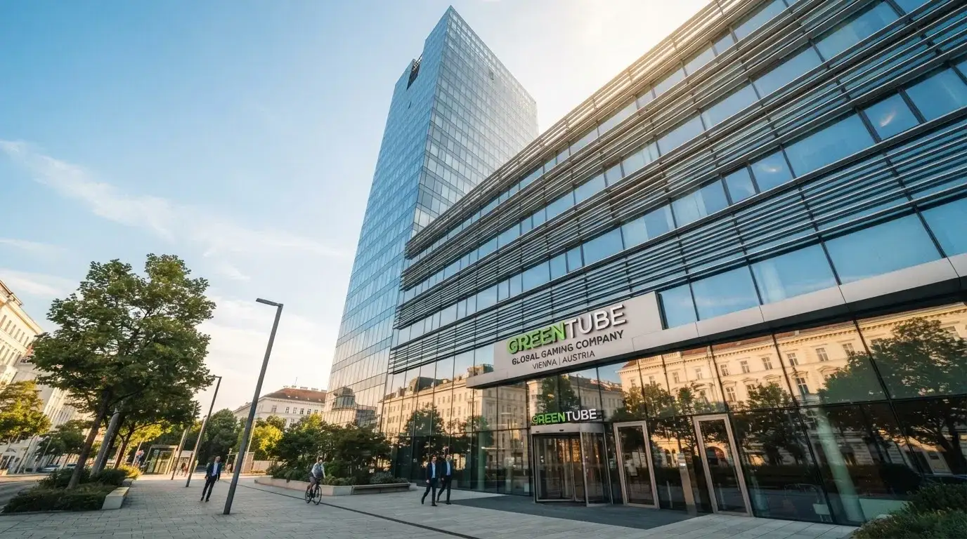 Het hoofdkantoor van NOVOMATIC AG in Wenen, Oostenrijk — een modern glazen gebouw