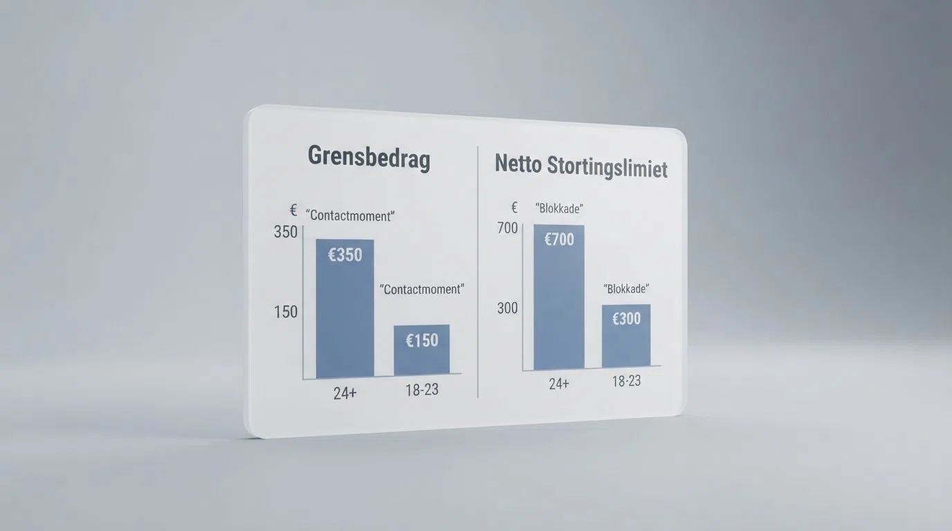 Een overzicht van de Nederlandse speellimieten met €350 en €700 voor 24-plus en €150 en €300 voor 18–23 jaar.