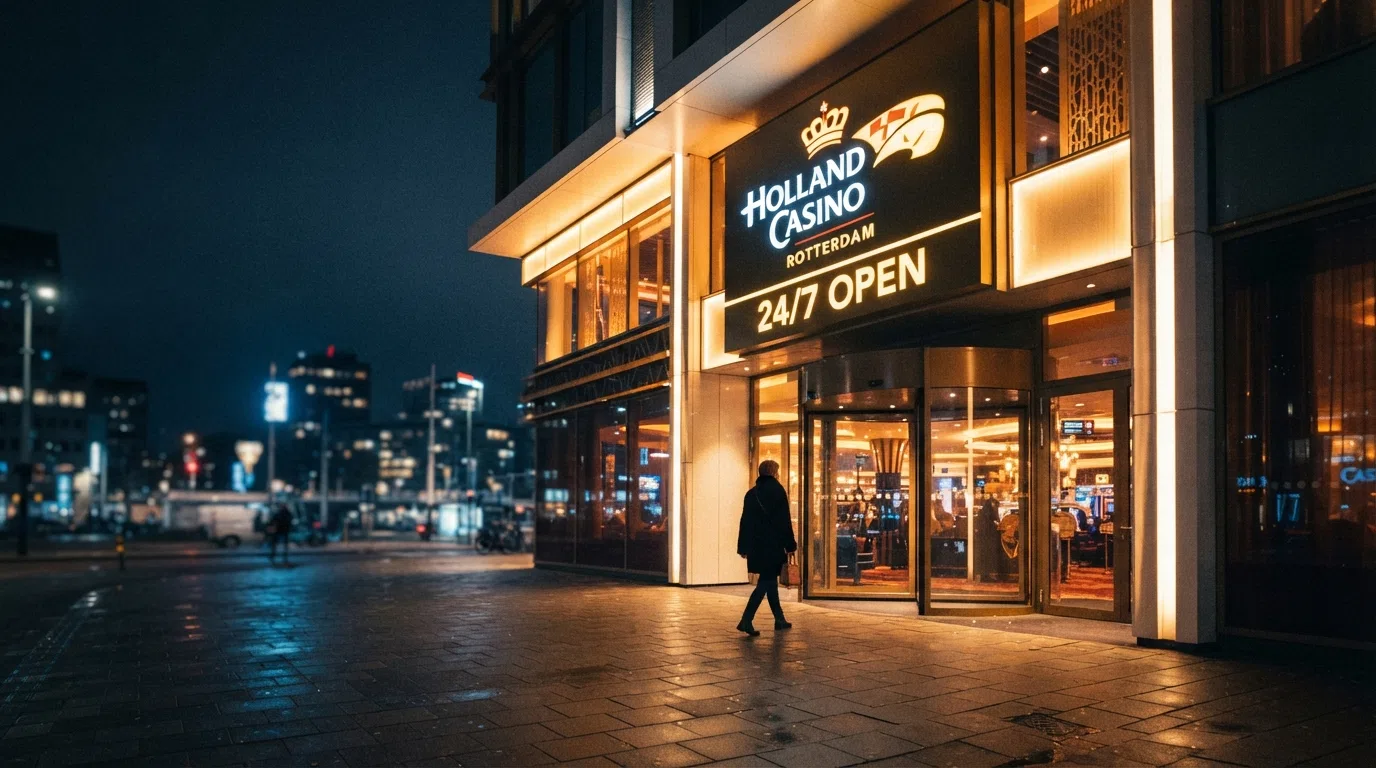 De entree van Holland Casino Rotterdam bij avond, met het 24/7-open-bord zichtbaar