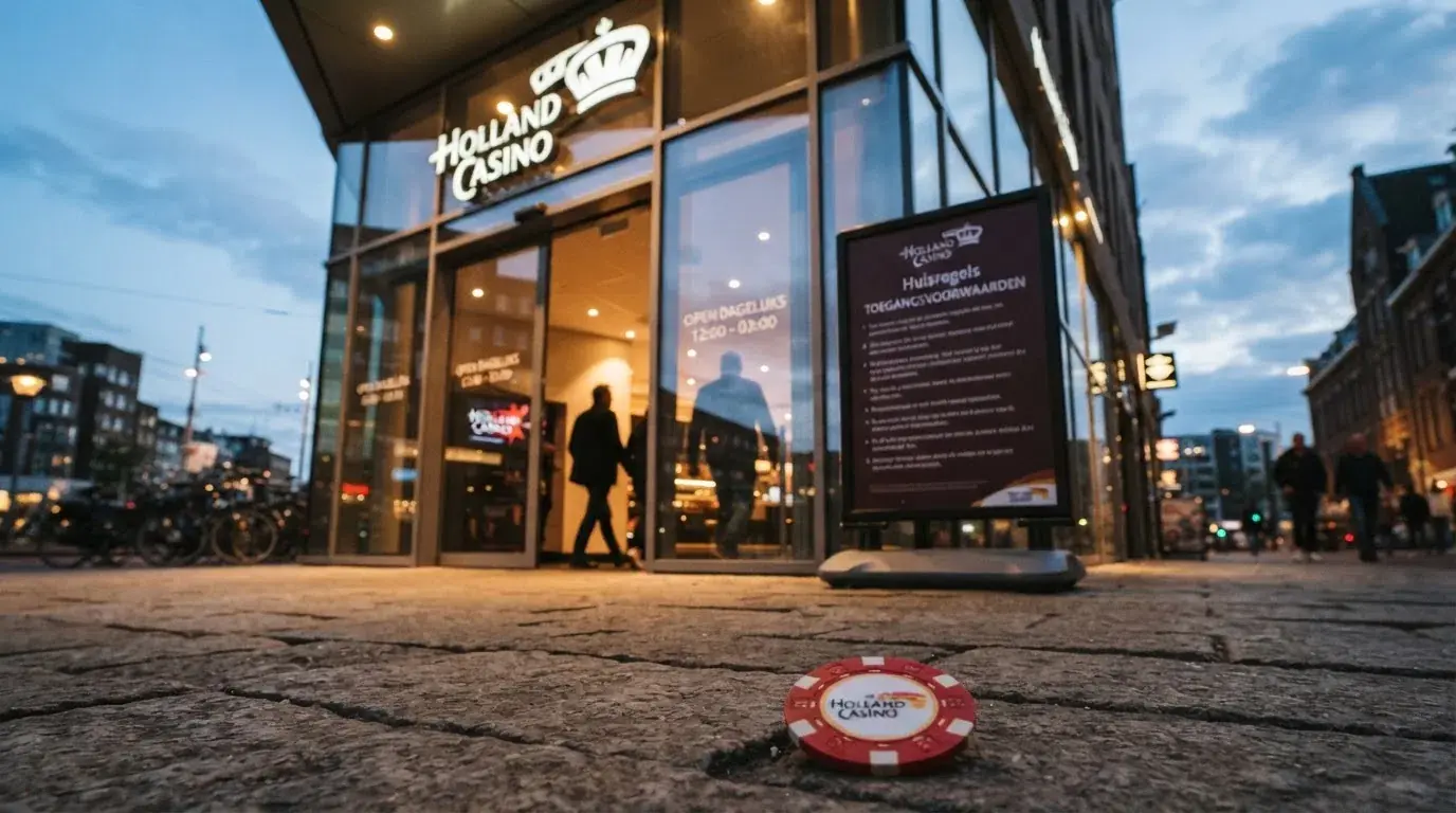 Een bord met toegangsvoorwaarden bij de ingang van een Holland Casino-vestiging