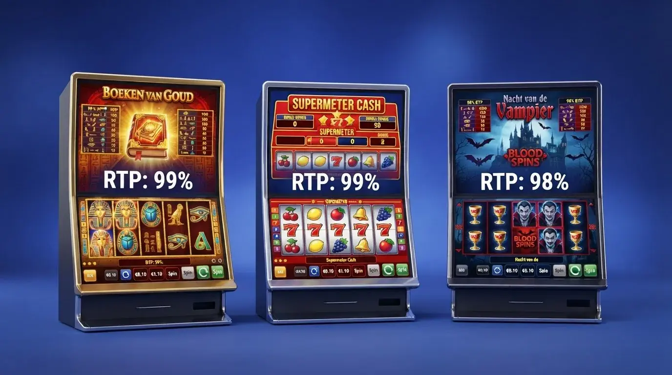 De gokkastinterfaces van Book of 99, Mega Joker en Blood Suckers naast elkaar met hun RTP-percentages (99%, 99%, 98%) duidelijk zichtbaar in de spelinterface