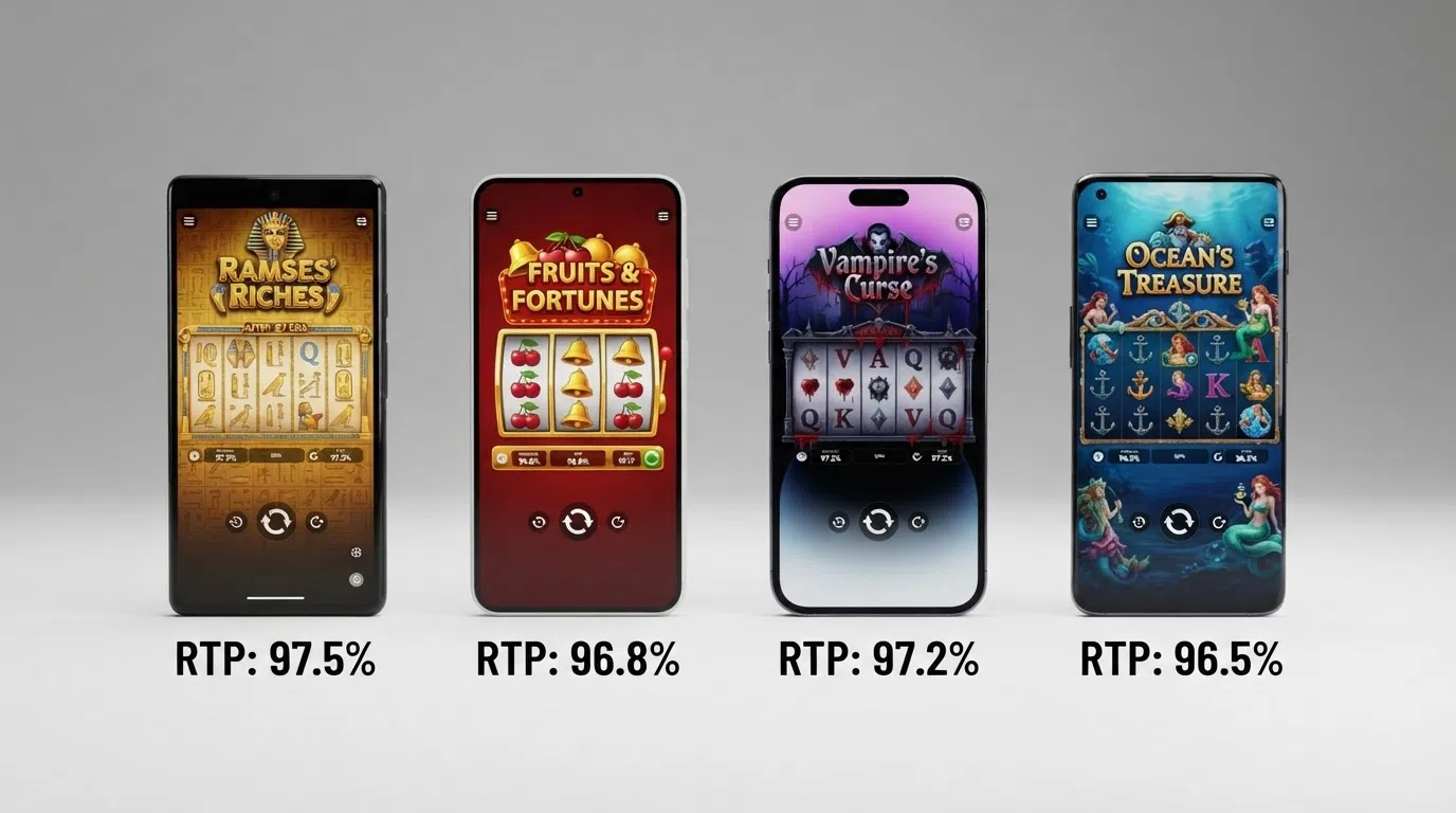 De vier hoogste-RTP-gokkasten — Book of 99, Mega Joker, Blood Suckers en 1429 Uncharted Seas — naast elkaar met hun RTP-percentages en providerlogo's