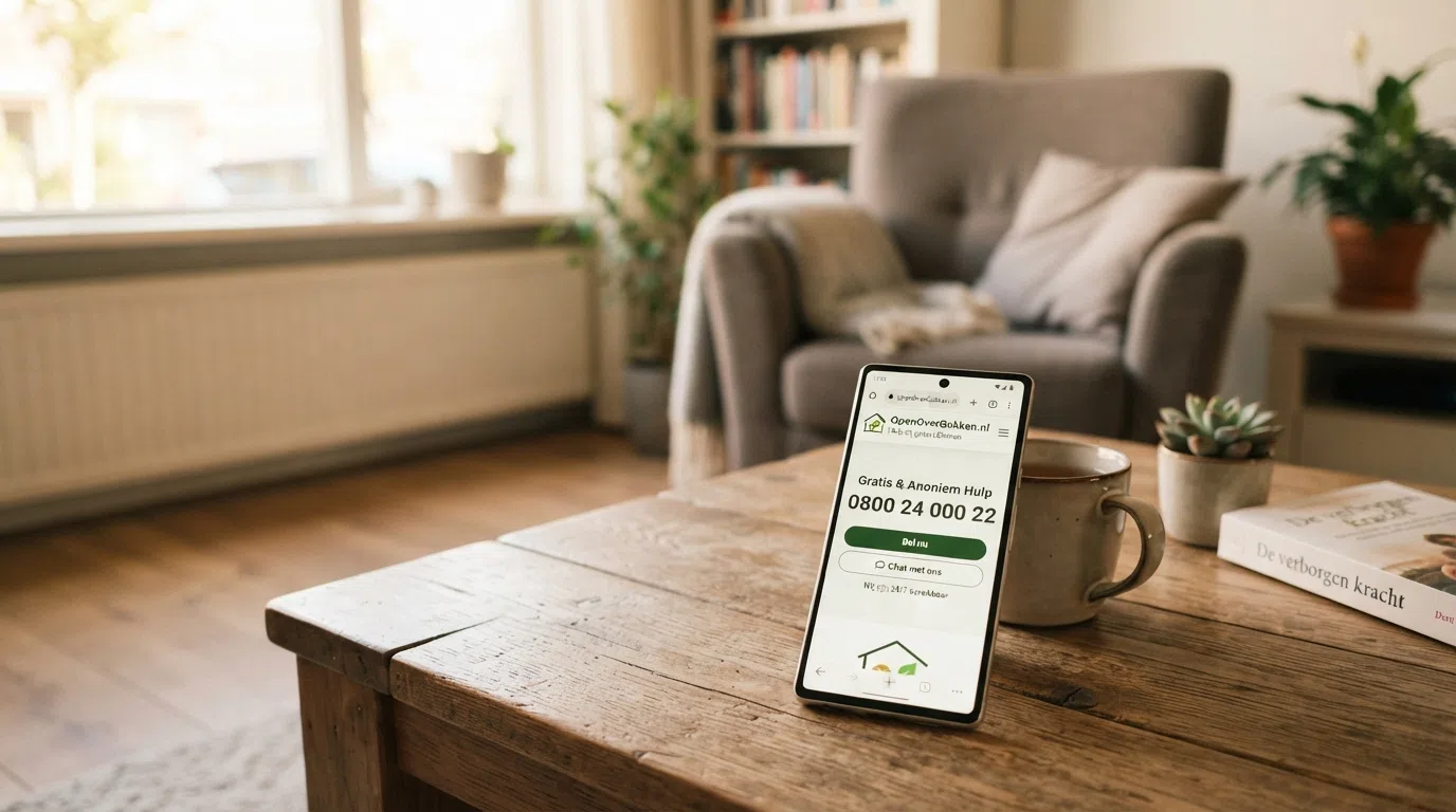 Een telefoon met daarop het startscherm van OpenOverGokken.nl en het gratis nummer 0800 24 000 22 prominent in beeld, met op de achtergrond een rustige huiskamer.