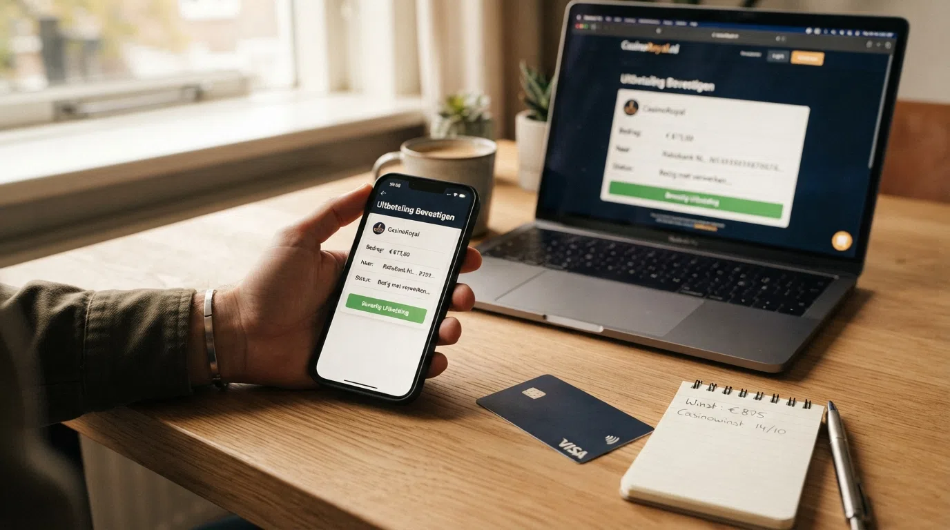 Het iDEAL-betaalscherm op een smartphone, met op de achtergrond een laptop die een casino-uitbetalingspagina toont.
